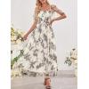MEROKEETY Women’s 2025 Summer Short Sleeve Floral Tulle Dress Square Neck Smocked Party Wedding Boho Maxi Dresses(Beige)