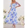 MEROKEETY Women’s 2025 Summer Short Sleeve Floral Tulle Dress Square Neck Smocked Party Wedding Boho Maxi Dresses(Blue)