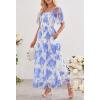 MEROKEETY Women’s 2025 Summer Short Sleeve Floral Tulle Dress Square Neck Smocked Party Wedding Boho Maxi Dresses(Blue)