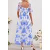 MEROKEETY Women’s 2025 Summer Short Sleeve Floral Tulle Dress Square Neck Smocked Party Wedding Boho Maxi Dresses(Blue)
