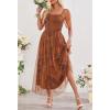 MEROKEETY Women’s 2025 Summer Short Sleeve Floral Tulle Dress Square Neck Smocked Party Wedding Boho Maxi Dresses(Brown)