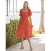MEROKEETY Women’s 2025 Summer Square Neck Puff Sleeve Boho Midi Dress Swiss Dot Ruffle Flowy Tie Back Dress(Orange)