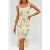 MEROKEETY Women’s 2026 Summer Floral Bodycon Dress Square Neck Sleeveless Ruffle Cocktail Mesh Beach Vacation Midi Dresses(Beige)