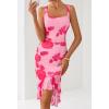 MEROKEETY Women’s 2026 Summer Floral Bodycon Dress Square Neck Sleeveless Ruffle Cocktail Mesh Beach Vacation Midi Dresses(Dark Pink)