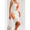 MEROKEETY Women’s 2026 Summer Floral Bodycon Dress Square Neck Sleeveless Ruffle Cocktail Mesh Beach Vacation Midi Dresses(White Orange)
