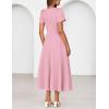 MEROKEETY Women’s 2026 Summer Midi Dresses Short Sleeve Crewneck A Line Pleated Wedding Guest Flowy Long Dress with Pockets(Pink)
