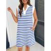 MEROKEETY Women’s 2026 Summer Short Sleeve Mini Dress Casual Collared V Neck Loose T Shirt Dresses(Striped Blue)