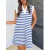 MEROKEETY Women’s 2026 Summer Short Sleeve Mini Dress Casual Collared V Neck Loose T Shirt Dresses(Striped Blue)