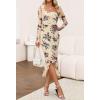 MEROKEETY Women’s 2026 Wedding Guest Dress Bodycon Long Sleeve Square Neck Ruched Mesh Cocktail Party Holiday Midi Dresses(Beige)