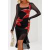 MEROKEETY Women’s 2026 Wedding Guest Dress Bodycon Long Sleeve Square Neck Ruched Mesh Cocktail Party Holiday Midi Dresses(Blackred)