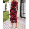 MEROKEETY Women’s 2026 Wedding Guest Dress Bodycon Long Sleeve Square Neck Ruched Mesh Cocktail Party Holiday Midi Dresses(Blackrose)