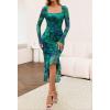 MEROKEETY Women’s 2026 Wedding Guest Dress Bodycon Long Sleeve Square Neck Ruched Mesh Cocktail Party Holiday Midi Dresses(Green)