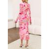 MEROKEETY Women’s 2026 Wedding Guest Dress Bodycon Long Sleeve Square Neck Ruched Mesh Cocktail Party Holiday Midi Dresses(Pink)