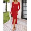 MEROKEETY Women’s 2026 Wedding Guest Dress Bodycon Long Sleeve Square Neck Ruched Mesh Cocktail Party Holiday Midi Dresses(Solidred)