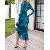 MEROKEETY Women’s 2026 Wedding Guest Dress Bodycon Long Sleeve Square Neck Ruched Mesh Cocktail Party Holiday Midi Dresses(Teal)