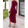 MEROKEETY Women’s 2026 Wedding Guest Dress Bodycon Long Sleeve Square Neck Ruched Mesh Cocktail Party Holiday Midi Dresses(Wine)