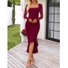 MEROKEETY Women’s 2026 Wedding Guest Dress Bodycon Long Sleeve Square Neck Ruched Mesh Cocktail Party Holiday Midi Dresses(Wine)