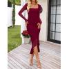 MEROKEETY Women’s 2026 Wedding Guest Dress Bodycon Long Sleeve Square Neck Ruched Mesh Cocktail Party Holiday Midi Dresses(Wine)