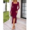 MEROKEETY Women’s 2026 Wedding Guest Dress Bodycon Long Sleeve Square Neck Ruched Mesh Cocktail Party Holiday Midi Dresses(Wine)