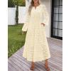 MEROKEETY Women’s Fall Long Sleeve Floral Maxi Dress Lace Eyelet Hollow Out Tiered Boho Wedding Guest Dresses Pockets(Apricot)
