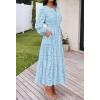 MEROKEETY Women’s Fall Long Sleeve Floral Maxi Dress Lace Eyelet Hollow Out Tiered Boho Wedding Guest Dresses Pockets(Blue)