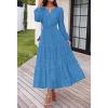 MEROKEETY Women’s Fall Long Sleeve Floral Maxi Dress Lace Eyelet Hollow Out Tiered Boho Wedding Guest Dresses Pockets(Dark Blue)