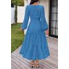 MEROKEETY Women’s Fall Long Sleeve Floral Maxi Dress Lace Eyelet Hollow Out Tiered Boho Wedding Guest Dresses Pockets(Dark Blue)