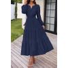 MEROKEETY Women’s Fall Long Sleeve Floral Maxi Dress Lace Eyelet Hollow Out Tiered Boho Wedding Guest Dresses Pockets(Navy)