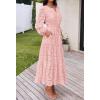 MEROKEETY Women’s Fall Long Sleeve Floral Maxi Dress Lace Eyelet Hollow Out Tiered Boho Wedding Guest Dresses Pockets(Pink)