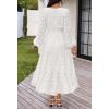 MEROKEETY Women’s Fall Long Sleeve Floral Maxi Dress Lace Eyelet Hollow Out Tiered Boho Wedding Guest Dresses Pockets(White)
