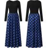 MEROKEETY Women’s Long Sleeve Plaid Empire Waist Full Length Maxi Dress with Pockets(Blue Plaid)