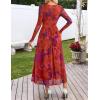 MEROKEETY Women’s Long Sleeve Spring Wedding Guest Dress 2026 Crewneck Floral Flowy Mesh Cocktail Maxi Dresses(Red)