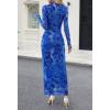 MEROKEETY Women’s Spring Wedding Guest Dress 2026 Long Sleeve Bodycon Floral Mesh Fall Cocktail Holiday Party Maxi Dresses(Darkblue)