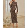 MEROKEETY Women’s Spring Wedding Guest Dress 2026 Long Sleeve Bodycon Floral Mesh Fall Cocktail Holiday Party Maxi Dresses(Leopard)