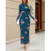 MEROKEETY Women’s Spring Wedding Guest Dress 2026 Long Sleeve Bodycon Floral Mesh Fall Cocktail Holiday Party Maxi Dresses(Tealfloral)