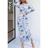 MEROKEETY Women’s Spring Wedding Guest Dress 2026 Long Sleeve Bodycon Floral Mesh Fall Cocktail Holiday Party Maxi Dresses(White Blue)