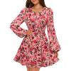 MEROKEETY Fall Wedding Guest Dresses for Women Long Sleeve Floral Casual Lightweight Flowy Swing Boho Dress Pockets(Vintage Pink)