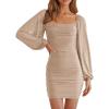 MEROKEETY Women Square Neck Lantern Long Sleeve Mesh Ruched Bodycon Clubwear Mini Dress(Apricot)