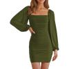 MEROKEETY Women Square Neck Lantern Long Sleeve Mesh Ruched Bodycon Clubwear Mini Dress(Armygreen)