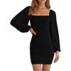 MEROKEETY Women Square Neck Lantern Long Sleeve Mesh Ruched Bodycon Clubwear Mini Dress(Black)