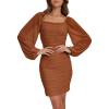 MEROKEETY Women Square Neck Lantern Long Sleeve Mesh Ruched Bodycon Clubwear Mini Dress(Caramel)