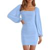 MEROKEETY Women Square Neck Lantern Long Sleeve Mesh Ruched Bodycon Clubwear Mini Dress(Lightblue)