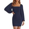 MEROKEETY Women Square Neck Lantern Long Sleeve Mesh Ruched Bodycon Clubwear Mini Dress(Navy)