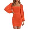 MEROKEETY Women Square Neck Lantern Long Sleeve Mesh Ruched Bodycon Clubwear Mini Dress(Orange)
