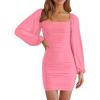 MEROKEETY Women Square Neck Lantern Long Sleeve Mesh Ruched Bodycon Clubwear Mini Dress(Pink)