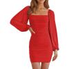 MEROKEETY Women Square Neck Lantern Long Sleeve Mesh Ruched Bodycon Clubwear Mini Dress(Red)