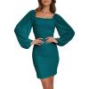 MEROKEETY Women Square Neck Lantern Long Sleeve Mesh Ruched Bodycon Clubwear Mini Dress(Teal)