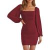 MEROKEETY Women Square Neck Lantern Long Sleeve Mesh Ruched Bodycon Clubwear Mini Dress(Winered)