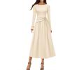 MEROKEETY Women’s 2025 Fall Long Sleeve Midi Dress Elegant Boat Neck Ruched Swing Cocktail Party Dresses(Apricot)