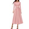 MEROKEETY Women’s 2025 Fall Long Sleeve Midi Dress Elegant Boat Neck Ruched Swing Cocktail Party Dresses(Pink)